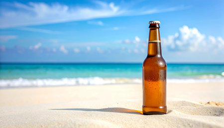 A cold beer bottle stands on a sandy beach with the turquoise ocean and blue sky in the background.の素材