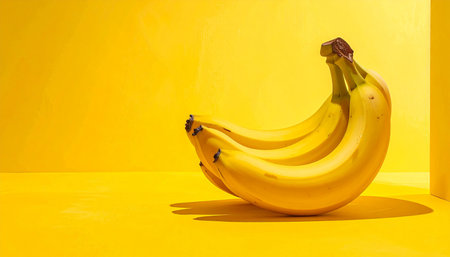 A bunch of ripe yellow bananas rests on a bright yellow surface, casting a distinct shadow.の素材