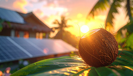 A coconut rests on a leaf with solar panels and palm trees visible during a golden sunset.の素材
