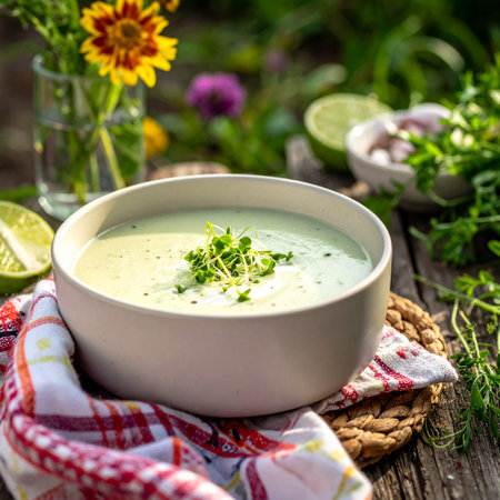 Summer showing creamy green soup garnished with microgreens and lime slices outdoors keywords: soup, green...の素材
