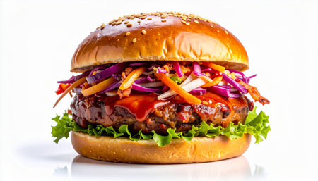 A close-up studio shot of a gourmet burger with sesame seeds and colorful toppings on a white background.の素材