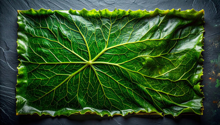 A large green leaf with highly visible veins is presented against a dark, textured surface.の素材