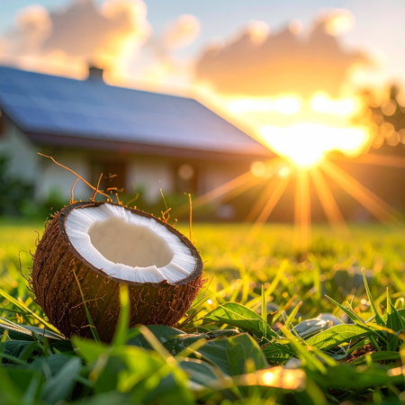 A halved coconut rests on lush green grass as the sun sets, casting a warm golden glow.の素材