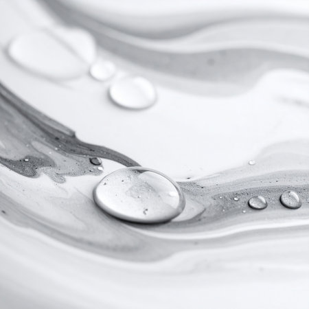Close-up of a large clear water droplet on a marbled gray and white abstract fluid surface with reflections.の素材
