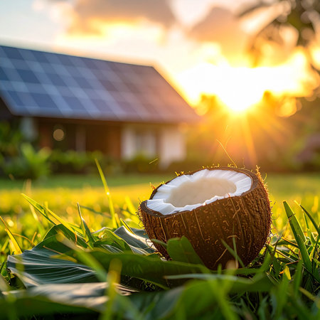 A halved coconut is placed on green grass with solar panels and a house during sunset.の素材