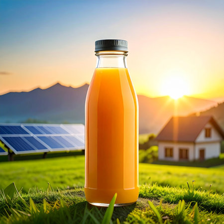 A bottle of orange juice sits in green grass with solar panels and a house in the background at sunset.の素材