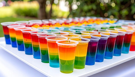 Multiple rows of rainbow layered jelly desserts in clear plastic cups on a white tray outdoorsの素材