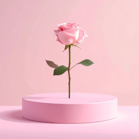 A delicate pink rose is presented on a round pink display stand against a soft pink background.の素材