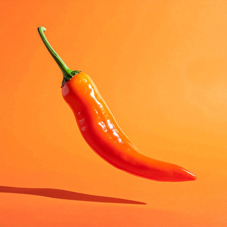 A vibrant red chili pepper is suspended in the air with a clear shadow cast on the orange background.の素材