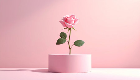 A pink rose on a pink cylindrical pedestal is illuminated by soft light, casting subtle shadows on the...の素材