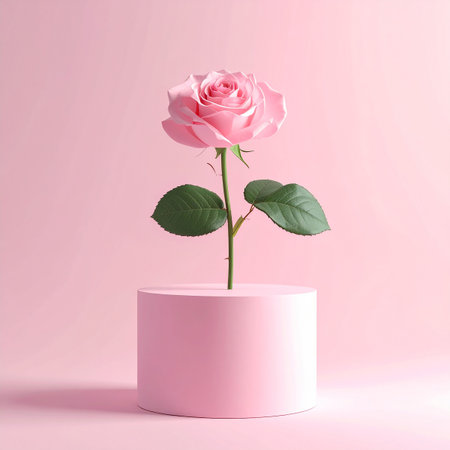 A single pink rose with green leaves stands on a pink cylindrical pedestal against a soft pink background.の素材