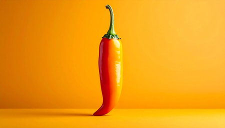 A single orange-red chili pepper stands upright against a solid, warm orange background.の素材