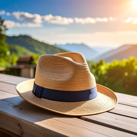 A straw fedora hat with a blue ribbon rests on a wooden surface against a scenic mountain backdrop.の素材