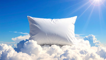 A white pillow is positioned on clouds with sunbeams shining through a blue sky. Clear details and vibrant col...の素材