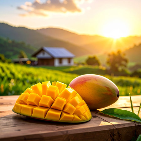 A whole mango and a sliced mango are placed on a wooden table with a sunset over rolling hills.の素材