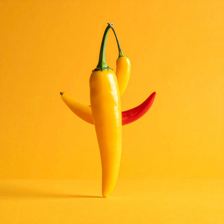 Three chili peppers, two yellow and one red, are arranged in a vertical composition against a bright orange...の素材