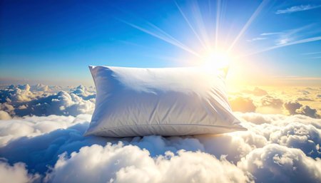 A white pillow sits on clouds with the sun shining brightly in a blue sky Clear details and vibrant colors enh...の素材