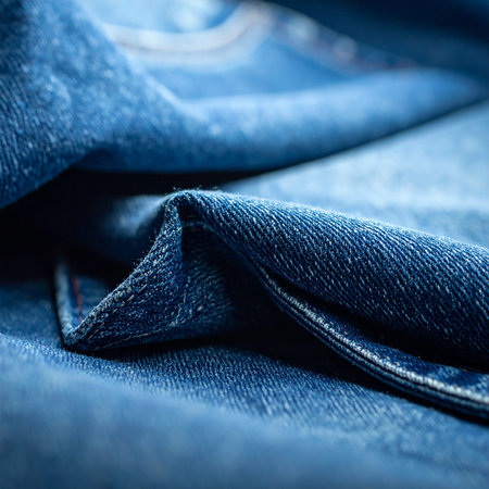 A close-up abstract view of folded blue denim fabric, highlighting texture and stitching.の素材