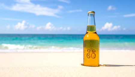 Amber beer bottle with a label on a sandy beach with turquoise ocean. Clear details and vibrant colors enhanc...の素材