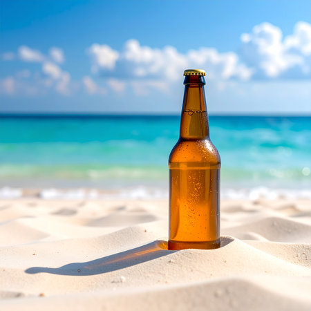 Amber beer bottle on white sand beach with turquoise ocean and blue sky. Clear details and vibrant colors enh...の素材