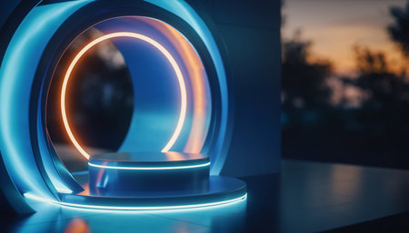 A futuristic display pedestal is framed by a glowing blue and orange neon circular archway.の素材