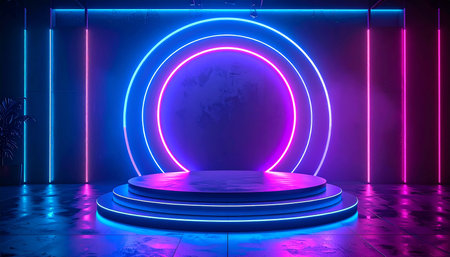 A futuristic stage with blue and pink neon rings and vertical lights, a reflective floor.の素材