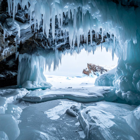 View from inside a dark ice cave looking out to a bright, icy landscape with sharp icicles.の素材