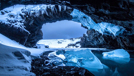 Inside a dark ice cave with luminous blue icebergs floating in dark water. Clear details and vibrant colors e...の素材