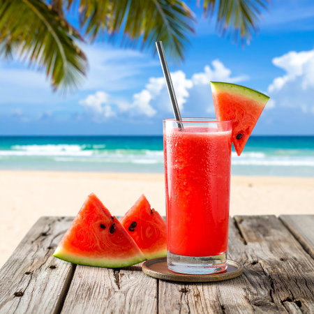 A tall glass of red watermelon juice with a metal straw and watermelon slice garnish sits on a wooden table...の素材