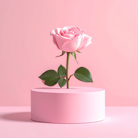 A single pink rose with green leaves stands upright from a pastel pink cylindrical podium.の素材