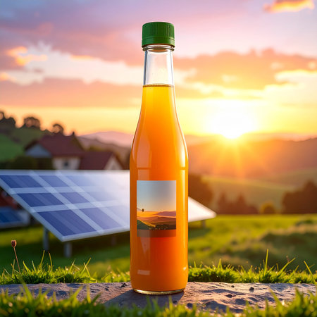 A glass bottle of orange juice with a label sits on a stone in a field with solar panels and a sunset.の素材