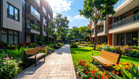 A paved pathway winds through a sunny courtyard filled with colorful flowers and apartment buildings.の素材