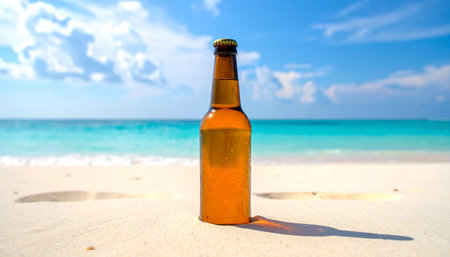 An amber beer bottle sits on a sandy beach with turquoise ocean and blue sky. Clear details and vibrant color...の素材