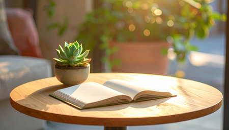 An open book and a succulent plant on a round wooden table with sunlight. Clear details and vibrant colors en...の素材