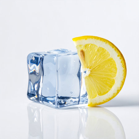A vibrant lemon slice rests against a clear blue ice cube on a reflective white surface.の素材