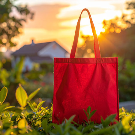 A red tote bag is framed by green leaves with a house and sunset in the background.の素材