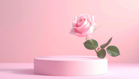 A delicate pink rose floats above a pink cylindrical pedestal against a soft pink background.の素材