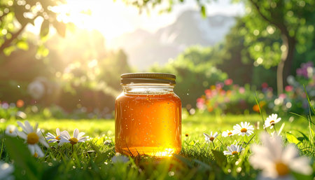 Fresh showing jar of golden honey on grass with daisies in bright sunlight keywords: honey, jar, golden,...の素材