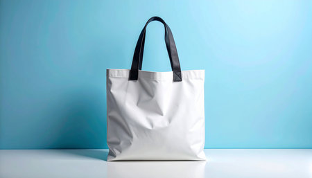 A plain white canvas tote bag with black handles is shown against a soft blue background.の素材