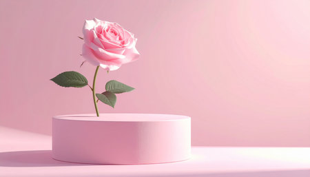 A pink rose rests on a pink cylindrical pedestal with soft lighting and subtle shadows.の素材