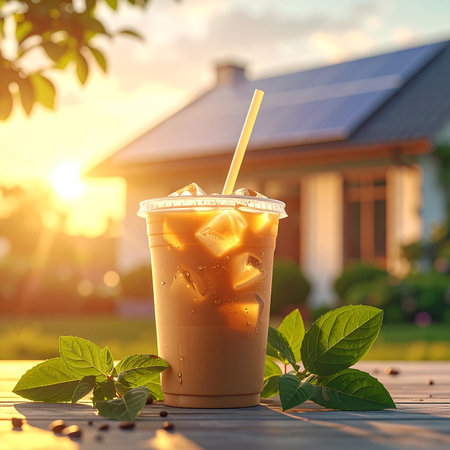 Iced coffee in a plastic cup with a straw and ice, on a wooden table with leaves and coffee beans.の素材