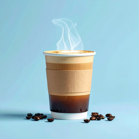 A layered coffee drink in a disposable cup with steam and coffee beans on a blue background.の素材