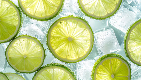 A top-down view of bright green lime slices interspersed with ice cubes and small bubbles.の素材