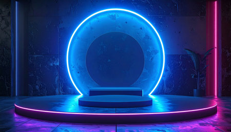 A neon stage with a large blue circle, pink accents, and a textured wall, reflective floor.の素材