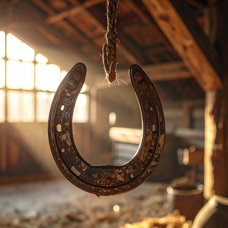 A rusty horseshoe hangs from a rope inside a sunlit, rustic barn. Clear details and vibrant colors enhance vi...の素材