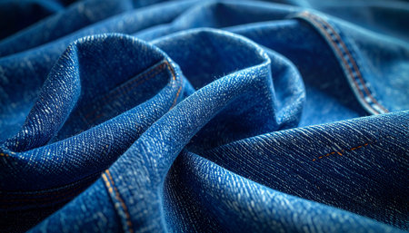 Swirling blue denim fabric with prominent seams and textured surface detail Clear details and vibrant colors ...の素材