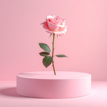 A single light pink rose with green leaves is presented on a round pastel pink pedestal.の素材