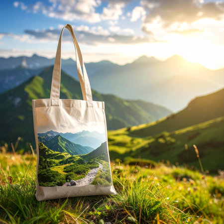 A tote bag with a mountain landscape print stands in a sunny alpine meadow. Clear details and vibrant colors ...の素材