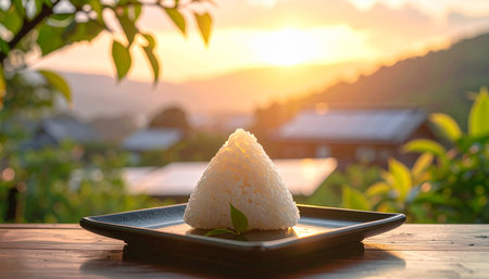 Triangular rice ball on a dark plate with a scenic sunset mountain village backgroundの素材