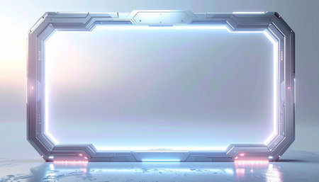 Steel showing wide sci- fi frame with glowing neon lights and metallic texture keywords: sci-fi, futuristic,...の素材